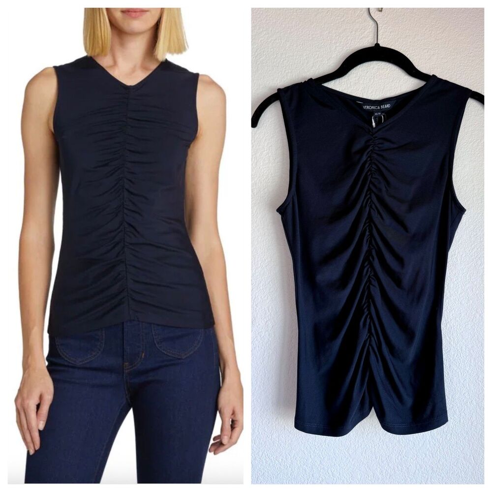 NWT Veronica Beard Neeta Ruched Jersey Sleeveless Top in Navy Blue Size XS